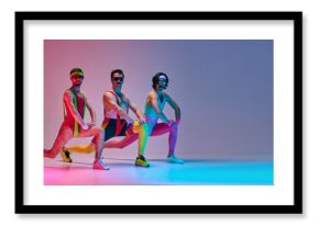 Sportive, serious man in funny sportswear stretching, training against gradient blue pink background in neon light. Sportive and active lifestyle, humor, retro style concept. Banner. Copy space for ad