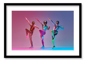 Athletic, funny men in retro colorful sportswear training, doing exercises against gradient blue pink studio background in neon light. Concept of sportive and active lifestyle, humor, retro style. Ad