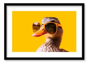 Generative AI illustration of stylish funny duck with orange beak wearing sunglasses looking away against yellow background