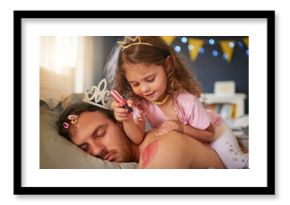 Sleeping, dad and girl drawing for fun, game and April Fools joke on face, body and paint with pink makeup. Father, sleep in kids bedroom and funny child, bed time and painting lipstick on man