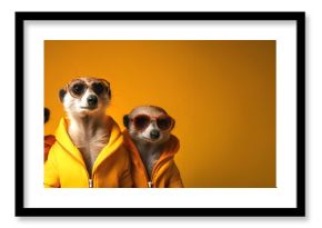 Creative animal concept. Meerkat in a group, vibrant bright fashionable outfits isolated on solid background advertisement, copy text space. birthday party invite invitation banner 
