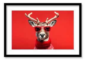 reindeer with glasses on red background in christmas costume