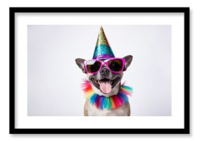 Funny party dog wearing colorful summer hat and stylish sunglasses. white background. AI Generated