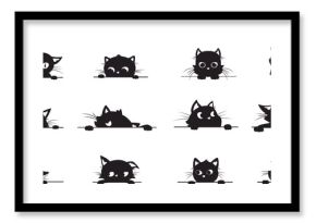 Black cat peeking, spy cats pets from corner. Creative kitty graphic silhouettes with big eyes. Peek kittens, looking and playful snugly vector stickers