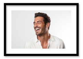 a professional portrait studio photo of a handsome young white american man model with perfect clean teeth laughing and smiling. isolated on white background. for ads and web design. Generative AI