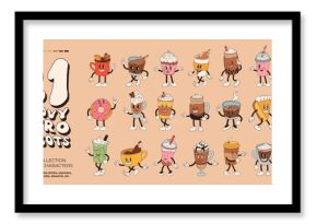 Retro groovy set with coffee mascot, cartoon characters, funny colorful doodle style characters, cappuccino, cocoa, latte, espresso and desserts. Vector illustration on beige isolated background.
