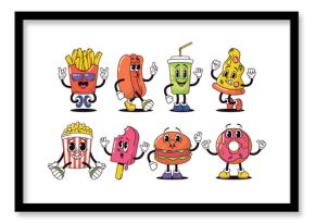 Retro Cartoon Fast Food Characters Embody Vibrant And Funky Vibes. French Fries, Hot Dog, Cola And Pizza. Pop Corn