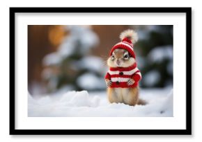 Chipmunk in snow with winter clothes like Santa Claus.. Christmas style hat and sweater. Funny animals in winter.