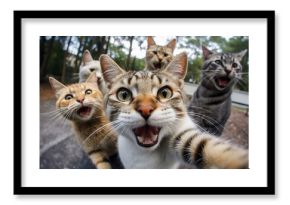 Cats taking a selfie on a blurred background. A group funny cats, Generative AI