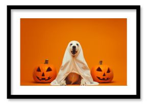 Funny dog wearing cute ghost halloween costume