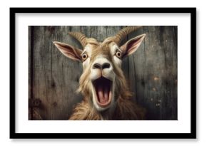 Portrait of Surprised Goat. Head of funny silly looking pet on wooden background