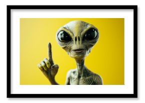 funny portrait of a grey alien pointing up on yellow copy space background