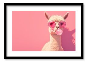 Cute llama in sunglasses blowing bubble gum on a pink background with copy space, a funny animal character portrait banner design