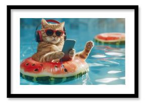 The beige cat in headphones and sunglasses with a smartphone is lying on an inflatable watermelon ring and listening to music in the swimming pool. Blue water background.