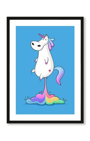 Cute fat unicorn farting rainbow funny vector cartoon illustration