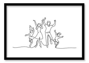 Continuous one line drawing. Happy family mother and father dancing with children. Vector illustration. Concept for logo, card, banner, poster, flyer