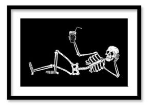 RESTING SKELETON WITH COCKTAIL BLACK BACKGROUND