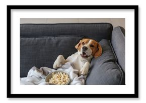 Cute funny dog with tasty popcorn lying on sofa at home