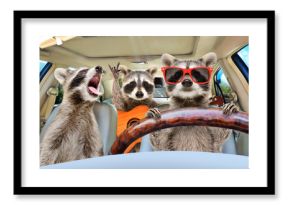 Three funny raccoon with a guitar ride in the car