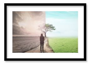 International human rights day concept: Business woman standing between climate worsened with good atmosphere