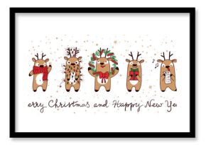 Christmas deers. Merry christmas and Happy New Year, funny holiday banner. Vector illustration.