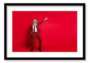 Full length body size view of his he nice attractive trendy crazy cool cheerful cheery white-haired guy dancing having fun clubbing isolated on bright vivid shine vibrant red color background