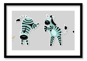 Set of stickers with funny zebras in different situations. Collection of labels with cute cartoon african animals isolated on grey background.