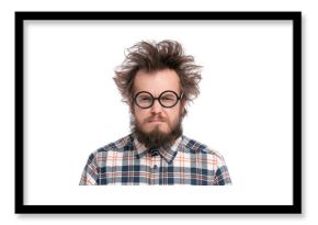 Crazy Serious Bearded Man in Eyeglasses with displeased Expression, isolated on white background. Guy in plaid shirt with funny Haircut looking with Anger. Emotions and signs concept