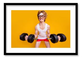 Portrait of his he nice funky motivated mad foxy guy lifting barbell doing work out trainer program regime body building goal isolated over bright vivid shine vibrant yellow color background