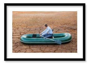 Dumb miserablу Business man stop on crack land land desert boat with paddles oars businessman look in future crisis stagnation losses braking difficulties environmental disaster water scarcity drought