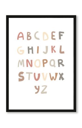 Abstract kids alphabet poster for decorative design. Cartoon vector illustration. Scandi kids design. 