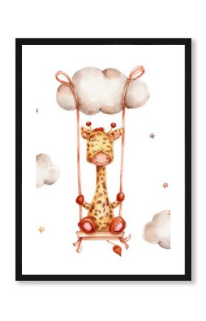 Funny giraffe on swing  watercolor hand drawn illustration  with white isolated background