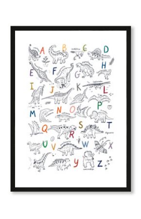 Dinosaur line alphabet poster vector illustrations set.