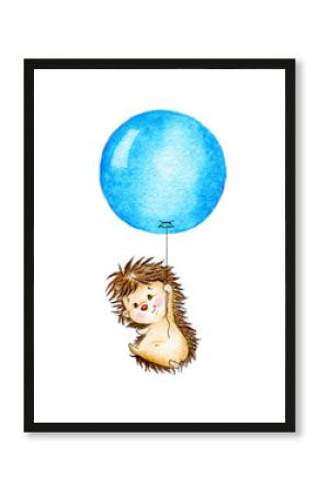 Hedgehog flying on blue balloon