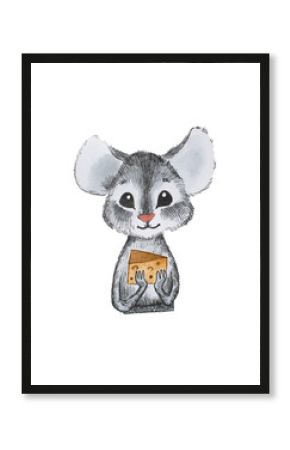 Cute little mouse holding cheese with both hands hand-drawn