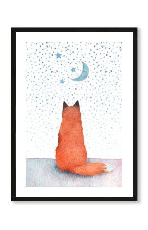 Hand painted watercolor illustration of a lonely fox watching the starry sky. Children book illustration or a greeting card.