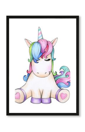  Cute sitting unicorn cartoon, isolated on white.