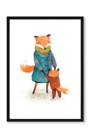 Hand painted illustration of a mother-fox and her child, playing tohether. Watercolor isolated on white background.