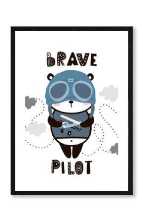 Brave pilot cute panda. Cartoon baby panda . Childish print for nursery, kids apparel,poster, postcard. Vector Illustration