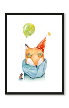 Watercolor funny fox in sunglasses wishing a happy birthday. Illustration isolated on white background.