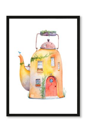 Old cozy house in a vintage kettle. Watercolor illustration isolated on white background.