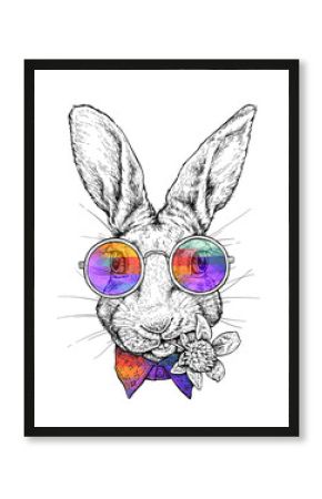 Hand drawn hipster style portrait of Funny Rabbit in glasses. Vector illustration isolated on white