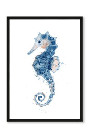 Watercolor seahorse hand drawn  illustration isolated on white background.