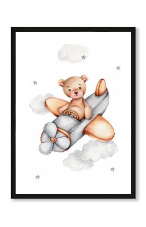 Watercolor teddy bear in grey airplane  hand draw illustration  can be used for kid poster or card  with white isolated background