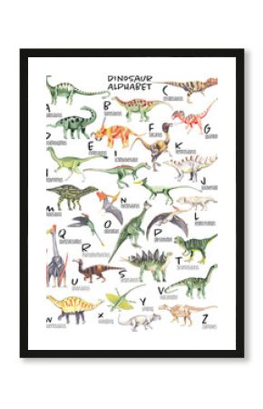 Watercolor dinosaur alphabet Each dinosaur is for each lettern for English Alphabet ABC kids poster Nursery wall art Watercolor painting Children play room decor A3 size 300 dpi rgb color mode