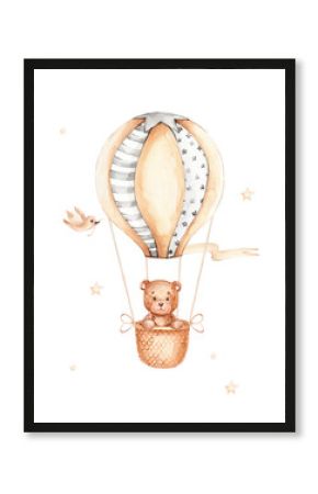 Teddy bear flying in air balloon  watercolor hand drawn illustration  can be used for kid poster or cards  with white isolated background