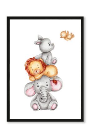 Funny elephant, lion, rhinoceros and bird  watercolor hand drawn illustration  with white isolated background