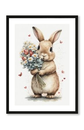 a cute bunny holding a bouquet of flowers,  watercolour, ai generated 