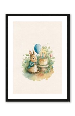 watercolor drawing bunny birthday, birthday cake party balloons, first birthday