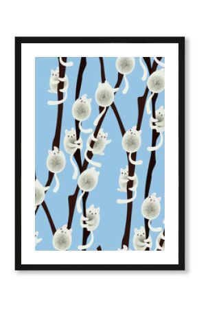 Funny kawaii pussy-willow cats sitting on the branches. Seamless spring background. Easter illustration.